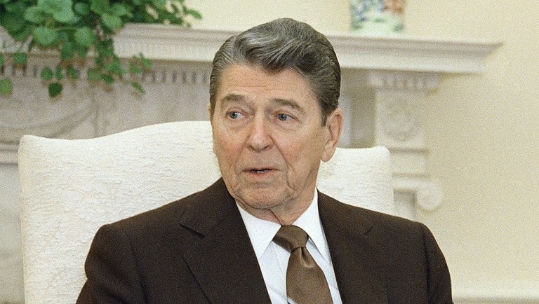 President Ronald Reagan gives his final interview to wire service reporters in the Oval Office of the White House.