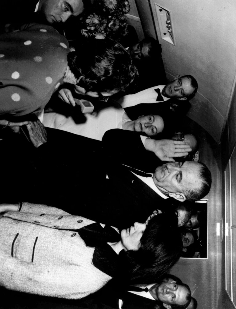 Lyndon B. Johnson is sworn in as President of the United States of America in the cabin of the presidential plane as Mrs. Jacqueline Kennedy stands at his side Nov. 22,1963. Judge Sarah T. Hughes, a Kennedy appointee to the Federal court, left, administers the oath. In background, from left are, Jack Valenti, administrative assistant to Johnson; Rep. Albert Thomas, D-Texas.; Mrs. Johnson; and Rep. Jack Brooks, D-Texas. 