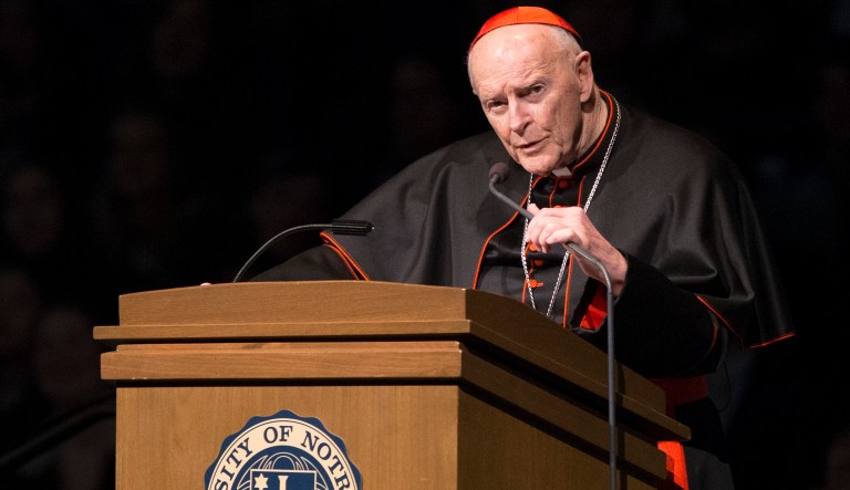 Cardinal Theodore Edgar McCarrick speaks during the memorial service for the Rev. Theodore Hesburgh, Wednesday, March 4, 2015, in the Purcell Pavilion at the University of Notre Dame in South Bend, Ind. Hesburgh served as the school's president for 35 years while also promoting human rights. Hesburgh died Thursday, Feb. 26. He was at 97.