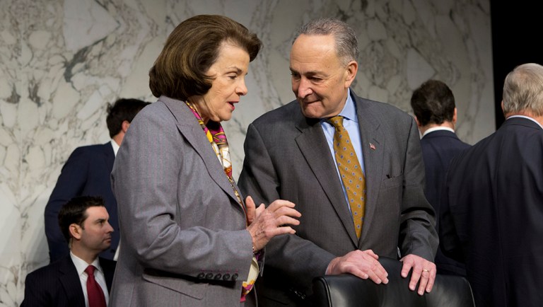 Sen. Dianne Feinstein, D-Calif., left, and Sen. Charles Schumer, D-N.Y., confer as supporters and opponents of stricter gun control measures prepare to face off at a Senate Judiciary Committee hearing.