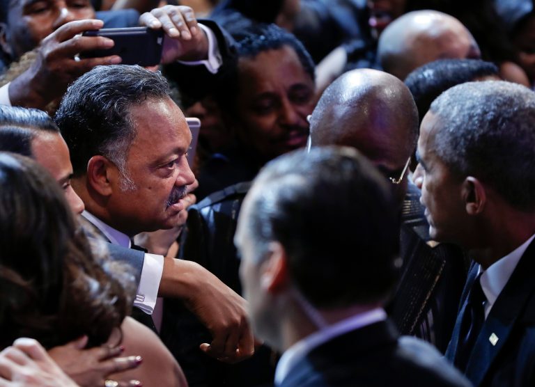 Rev. Jesse Jackson Sr., left, talks with President Barack Obama, right, at the Congressional Black Caucus Foundation's 46th Annual Legislative Conference Phoenix Awards Dinner, Saturday, Sept. 17, 2016 in Washington.