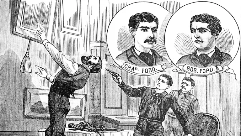 This woodcut printed cover of the New York Detective Library shows how Jesse James was killed by his cousin Bob Ford in his home in St. Joseph, Mo., on April 3, 1882.