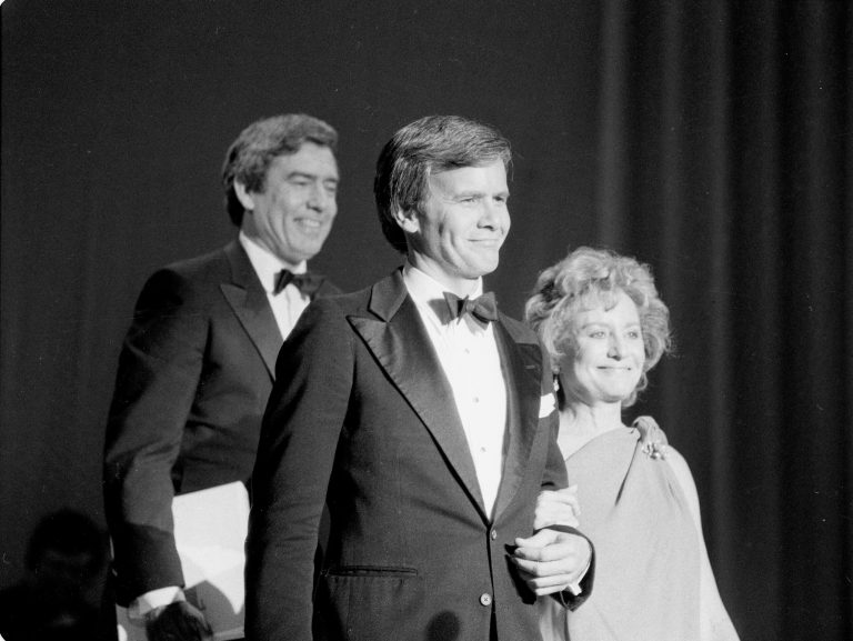Network news correspondents Dan Rather, left, of CBS News, Tom Brokaw of NBC News and Barbara Walters, right, of ABC News, host the International Radio and Television Society Gold Medal Award for president of ABC News and Sports Roone Arledge in New York City, Wednesday night, March 10, 1983.