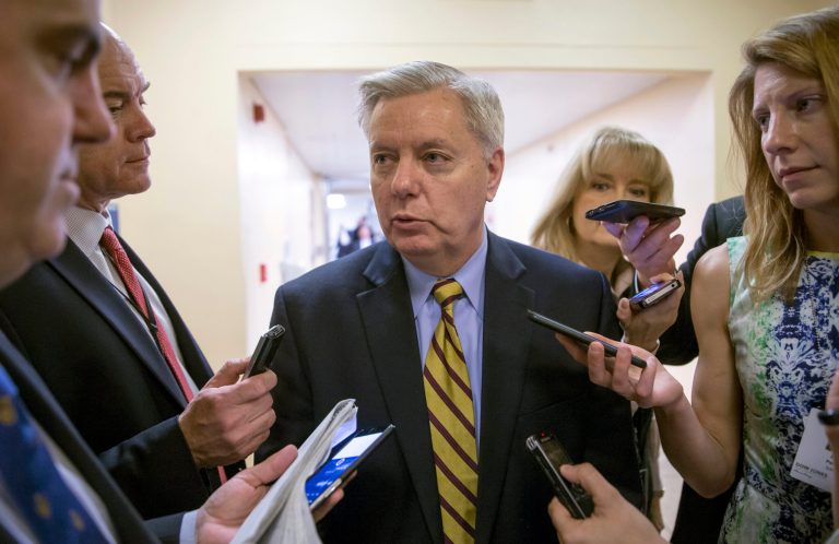 In this March 10, 2016, file photo, Sen. Lindsey Graham, R-S.C. speaks to reporters on Capitol Hill in Washington.