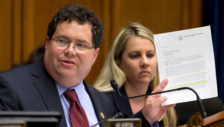 House subcommittee of Federal Workforce,US Postal Service and the Census Chairman Rep. Blake Farenthold, R-Texas, holds up a letter about sequestration effects, on Capitol Hill in Washington, Tuesday, March 19, 2013, during a joint hearing on sequestration held by House Oversight and Government Reform Committee's subcommittee on Economic Growth, Job Creation and Regulatory Affairs, and the subcommittee on Federal Workforce, U.S. Postal Service and the Census.  