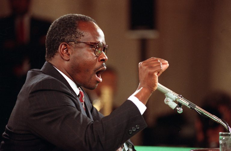 U.S. Supreme Court Justice nominee Judge Clarence Thomas testifies before the Senate Judiciary Committee on Capitol Hill in Washington, D.C., Friday night, Oct. 12, 1991.