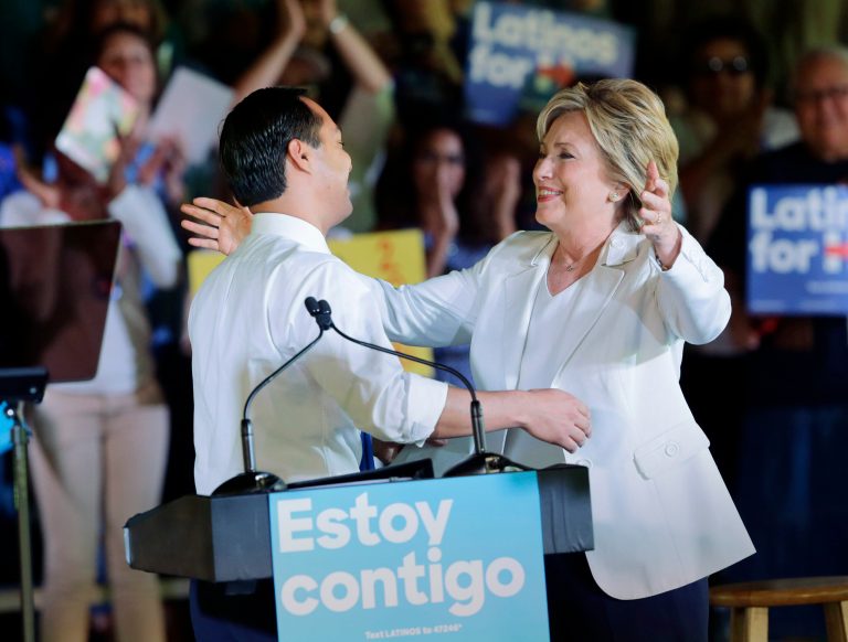 Democratic presidential candidate Hillary Rodham Clinton, right, with Housing and Urban Development Secretary Julian Castro, left, during a campaign event, Thursday, Oct. 15, 2015, in San Antonio.