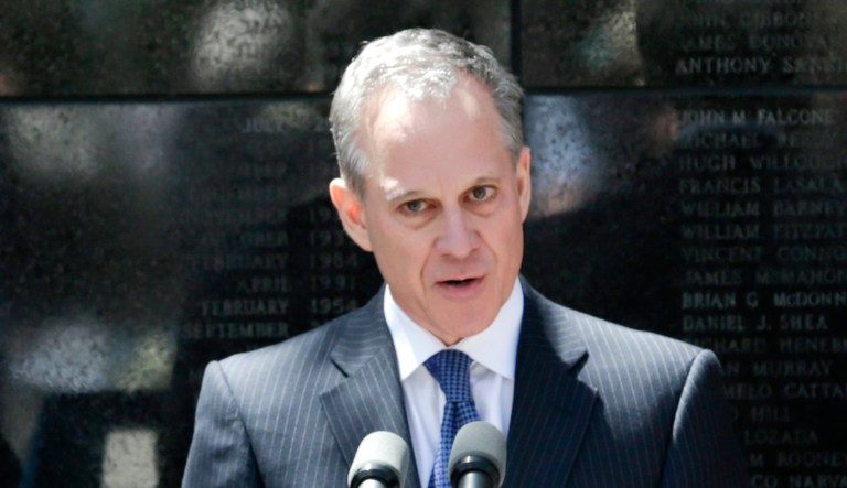 Then-state Attorney General Eric Schneiderman speaks during a ceremony in Albany, N.Y.
