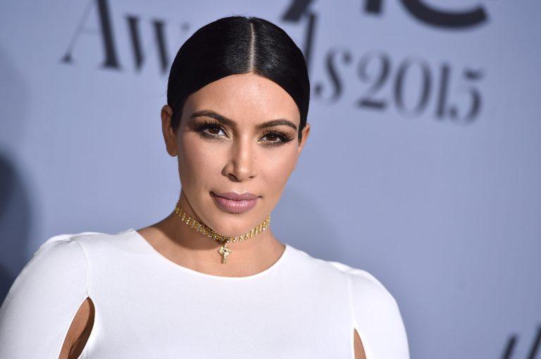 Kim Kardashian arrives at an awards ceremony in Los Angeles.