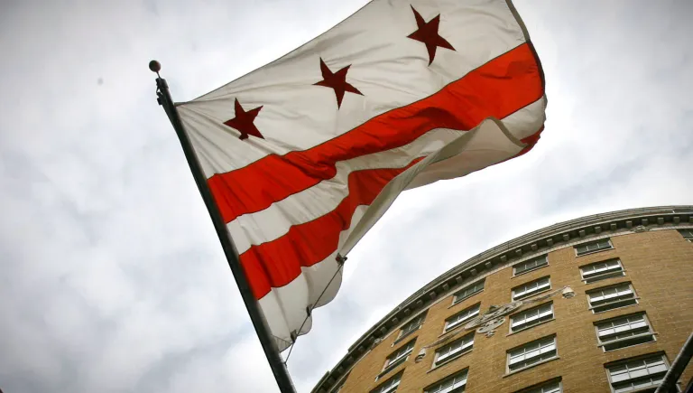 The District of Columbia flag flies near the Mayflower Hotel in Washington on March 10, 2008.