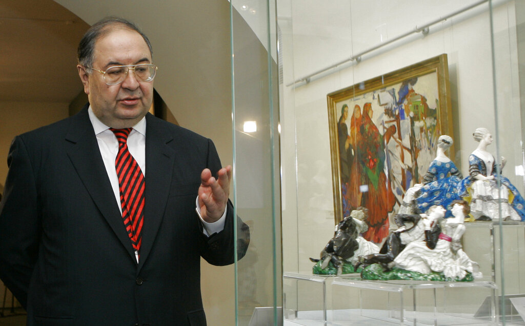 Russian billionaire Alisher Usmanov gestures while viewing art pieces from the collection of the late cellist Mstislav Rostropovich and his widow Galina Vishnevskaya near St. Petersburg, Russia, in 2008.