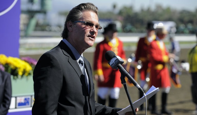 Breeders' Cup Goodwill Ambassador Kurt Russell speaks during the ceremony kick-off for the Breeders' Cup Classic race at Santa Anita Park in Arcadia, Calif., Saturday, Oct. 25, 2008.  