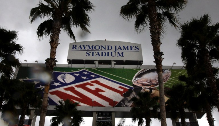 Rain falls at Raymond James Stadium, home for Super Bowl XLVIII, Thursday, Jan. 29, 2009 in Tampa.