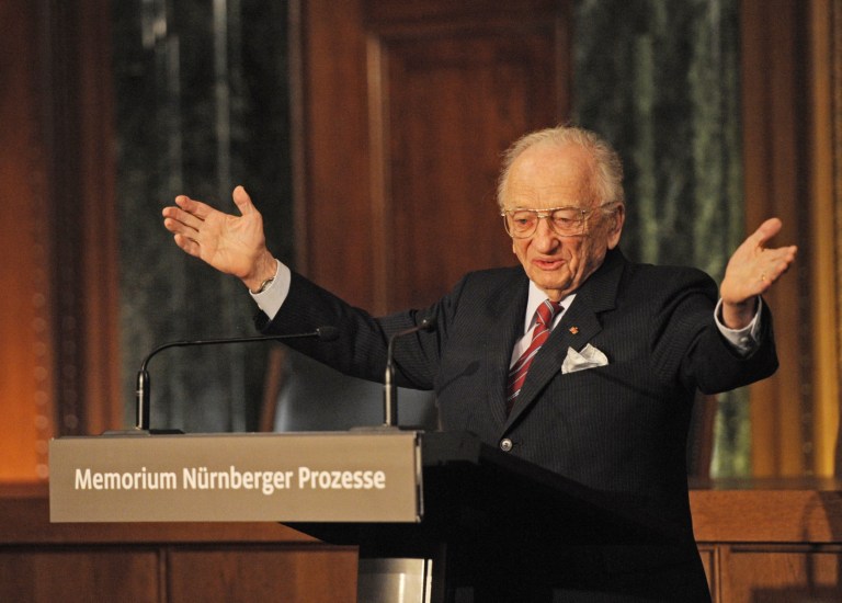 Romanian-born American lawyer and chief prosecutor of the Nuremberg war crimes trials , Benjamin Ferencz speaks during an opening ceremony for the exhibition commemorating the Nuremberg war crimes trials, in Nuremberg, Germany Sunday Nov. 21, 2010.