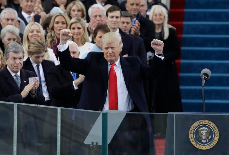 President Donald Trump pumps his fist after delivering his inaugural address after being sworn in as the 45th president of the United States during the 58th Presidential Inauguration at the U.S. Capitol in Washington, Friday, Jan. 20, 2017. While Trump often flashes is fists, a new survey finds many believe Joe Biden would beat the president in a fight.