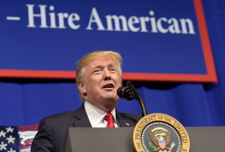 President Donald Trump speaks at tool manufacturer Snap-on Inc. in Kenosha, Wis., Tuesday, April 18, 2017. Trump favors a merit-based immigration system that also prefers high-skilled newcomers. He is being pressured to limit work visas during the virus crisis.
