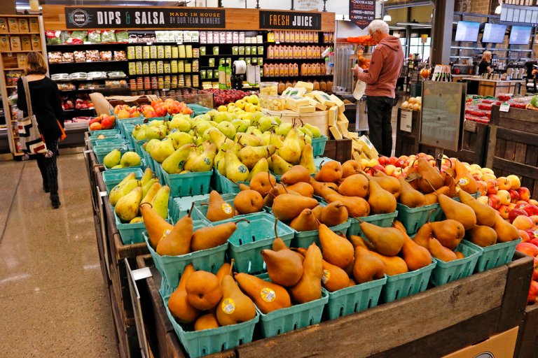 Fresh fruit is displayed in a Whole Foods Market grocery store.