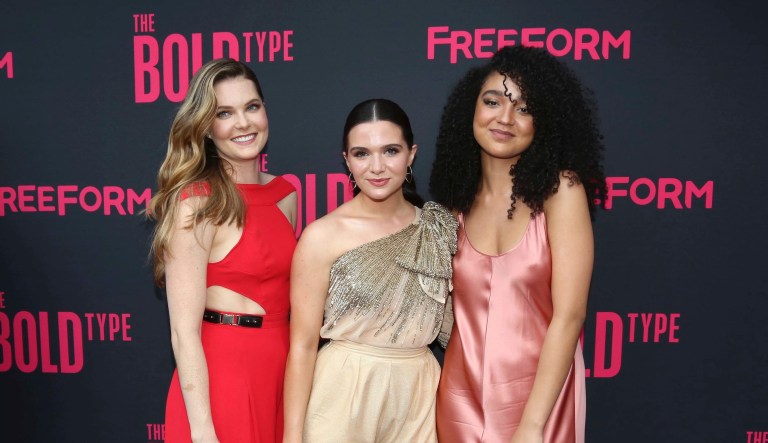 Meghann Fahy, from left, Katie Stevens and Aisha Dee attend the premiere screening of Freeform's Original Series, 