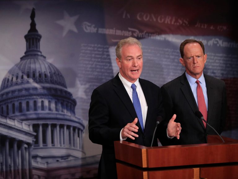 Sen. Chris Van Hollen, D-Md., left, with Sen. Patrick Toomey, R-Pa., speaks about sanctions.