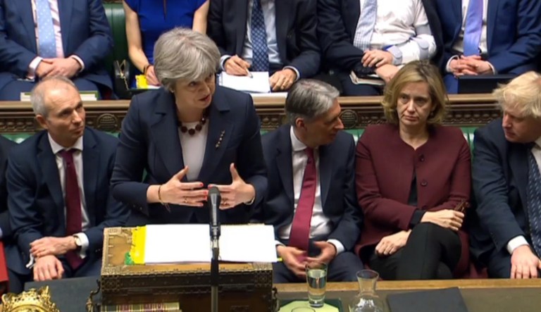 Britain's Prime Minister Theresa May speaks during the scheduled Prime Minister's Questions in the House of Commons, London. May is widely expected to announce a range of economic and diplomatic measures against Russia, in response to the nerve-agent on former Russian spy Sergei Skripal and his daughter Yulia. (PA via AP)