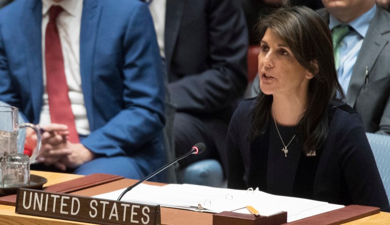U.S. Ambassador to the United Nations Nikki Haley speaks during a Security Council meeting on the situation between Britain and Russia at United Nations headquarters. Britain said Wednesday it would expel 23 Russian diplomats and sever high-level bilateral contacts after Russia ignored a deadline to explain how a Soviet-developed nerve agent was used against ex-spy Sergei Skripal and his daughter Yulia.