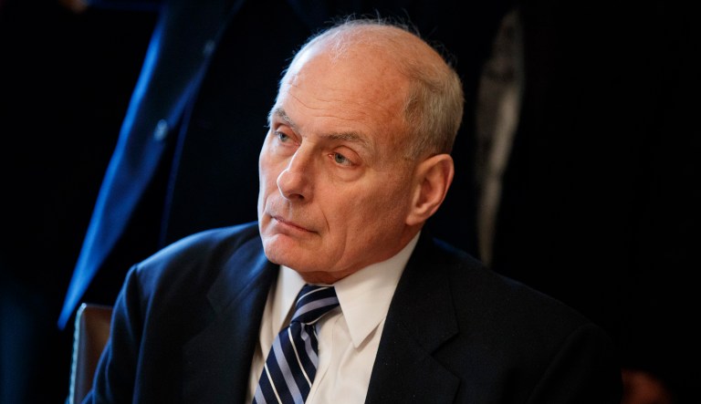 White House chief of staff John Kelly listens during a working lunch with President Trump in the Cabinet Room of the White House, Tuesday, March 20, 2018, in Washington.