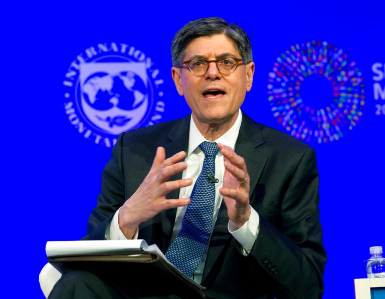 Former Treasury Secretary Jack Lew speaks at a panel in Washington, Thursday, April 19, 2018.