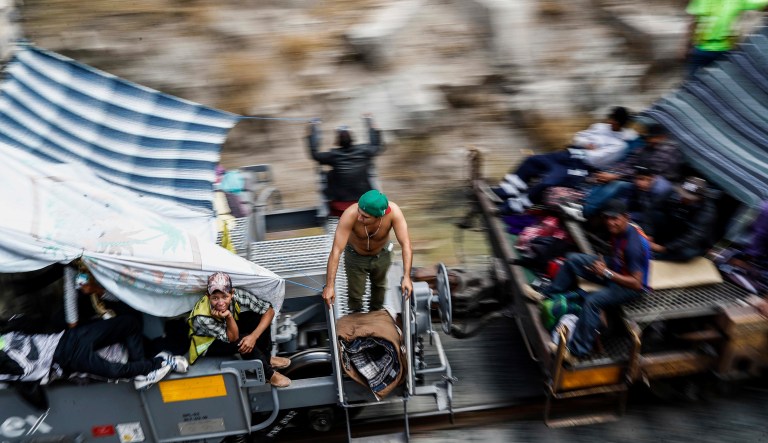 Central American migrants ride a northern-bound train known as "La Bestia," or The Beast, as they arrive to Hermosillo, Sonora state, Mexico. The group that led a monthlong caravan of Central Americans seeking asylum in the United States wanted to draw attention to the plight of people in the violent region. 