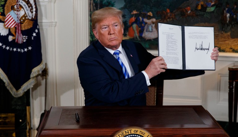 President Trump signs a Presidential Memorandum on the Iran nuclear deal from the Diplomatic Reception Room of the White House. 