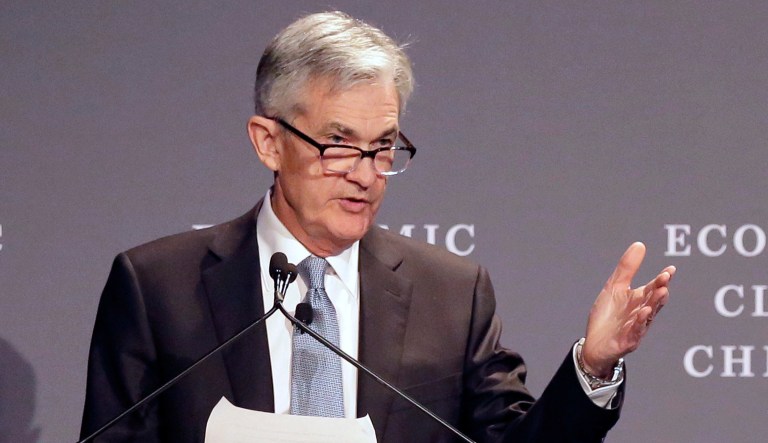 Federal Reserve Chairman Jerome Powell speaks before the Economic Club of Chicago in Chicago.