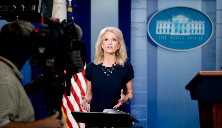 White House counselor Kellyanne Conway speaks on television in the Briefing Room at the White House. 
