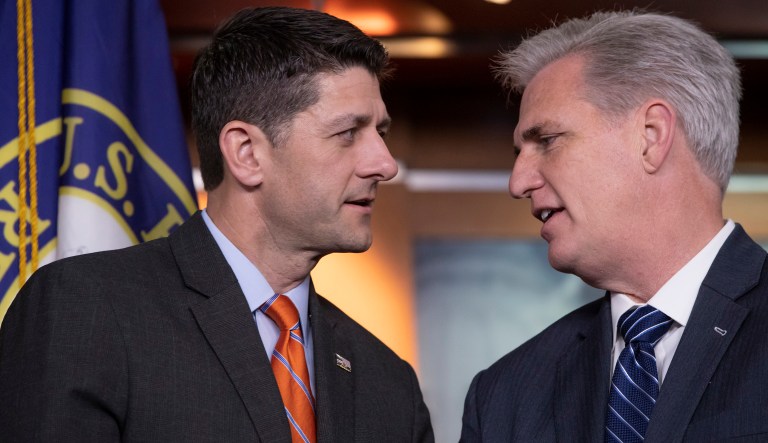 Speaker of the House Paul Ryan, R-Wis., left, confers with House Majority Leader Kevin McCarthy, R-Calif., during a news conference on Capitol Hill. 