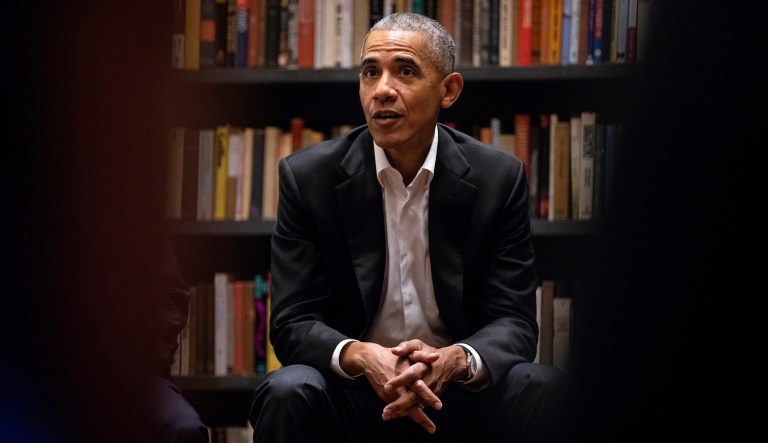 Former President Barack Obama speaks to Obama Foundation Fellows gathered at Stony Island Arts Bank May 16 in Chicago.  