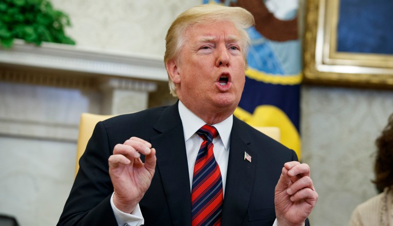 President Trump speaks during a meeting with South Korean President Moon Jae-In in the Oval Office of the White House. 