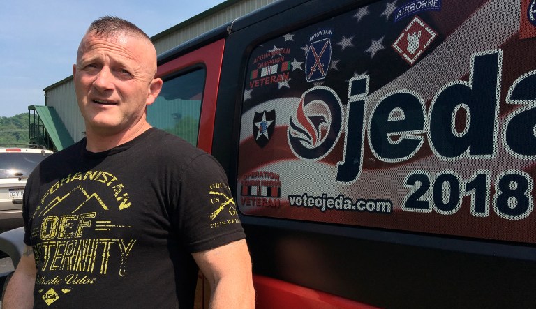 Richard Ojeda talks outside his campaign headquarters in Logan, W.Va. The retired Army paratrooper doesn't fit the typical profile of the ideal candidate for Congress. Ojeda, a Democratic state senator, is running for West Virginia's 3rd District U.S. House seat. 