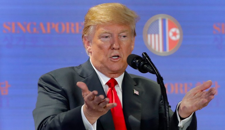 President Trump answers questions about the summit with North Korea leader Kim Jong Un during a press conference at the Capella resort on Sentosa Island Tuesday, June 12, 2018 in Singapore.