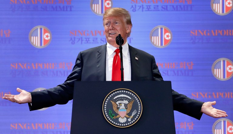 President Trump answers questions about the summit with North Korea leader Kim Jong Un during a press conference at the Capella resort on Sentosa Island Tuesday, June 12, 2018 in Singapore. 