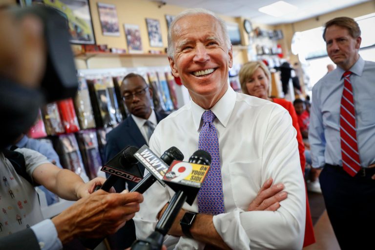 Former Vice President Joe Biden smiles as he speaks to the media during a campaign stop June 29, 2018, in Cincinnati.
