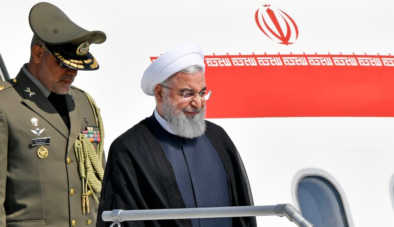 Iranian President Hassan Rouhani arrives at the Zurich airport, in Kloten, Switzerland, on July 2, 2018, as he embarks on a short European diplomatic tour.