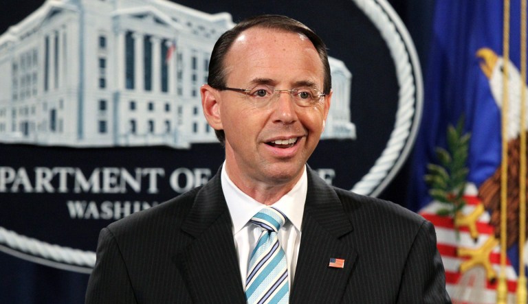 Deputy Attorney General Rod Rosenstein speaks during a news conference. 