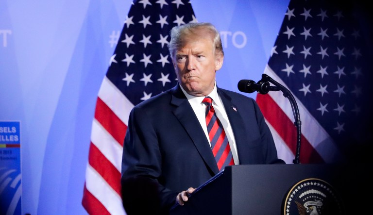 President Trump addresses a news conference after a summit of heads of state and government at NATO headquarters in Brussels. 