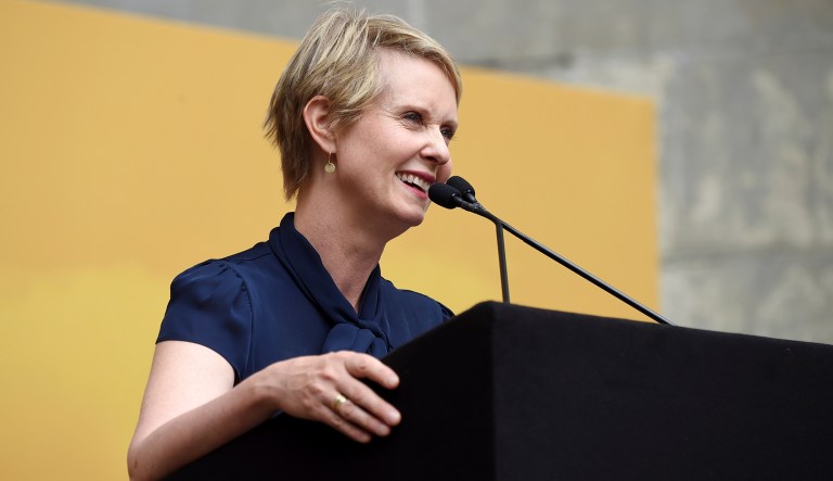New York Democratic gubernatorial candidate Cynthia Nixon speaks at OZY Fest in Central Park in New York.