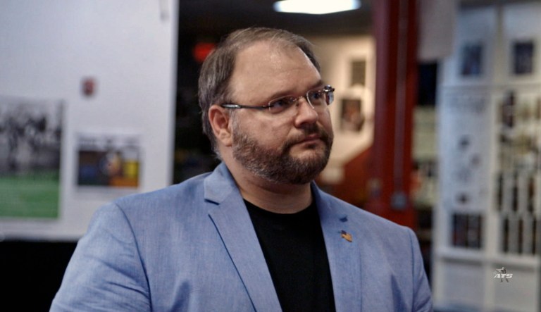 Jason Spencer in a scene from the series "Who Is America," starring Sacha Baron Cohen. In the episode, Cohen poses as an Israeli military expert who persuades Spencer to take part in several outlandish exercises.