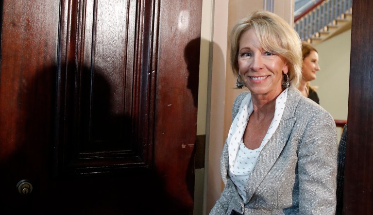 Education Secretary Betsy DeVos arrives for a meeting of the Federal Commission on School Safety. 