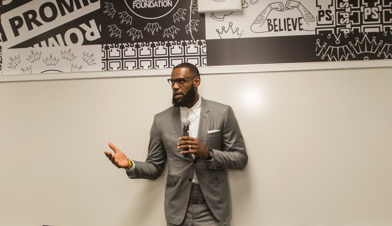 LeBron James speaks at a news conference. 