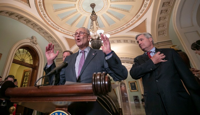 Senate Minority Leader Chuck Schumer, D-N.Y., joined by Sen. Sheldon Whitehouse, D-R.I., says Senate Democrats will initiate a federal lawsuit if their requests for documents from Brett Kavanaugh's days as a White House aide are denied, during a news conference. 