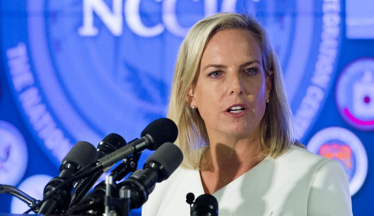 Homeland Security Secretary Kirstjen Nielsen speaks at the Department of Homeland Security's National Cybersecurity and Communications Integration Center. 