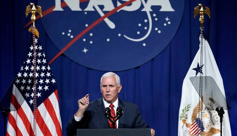Vice President Mike Pence speaks during a visit to NASA's Johnson Space Center, Aug. 23, 2018, in Houston.