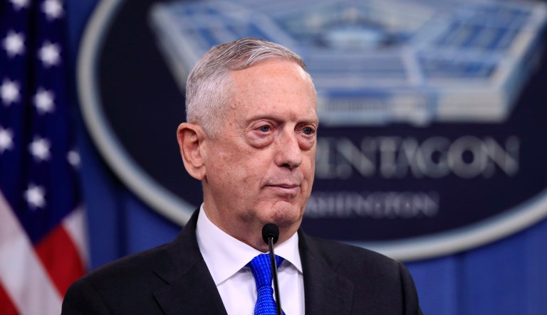Secretary of Defense Jim Mattis speaks to reporters during a news conference at the Pentagon. 