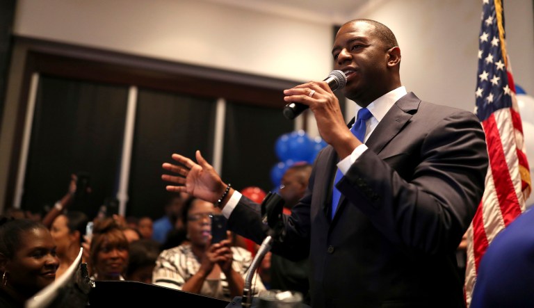 Democratic gubernatorial nominee Andrew Gillum celebrates his victory with supporters during his election watch party in Tallahassee, Fla.